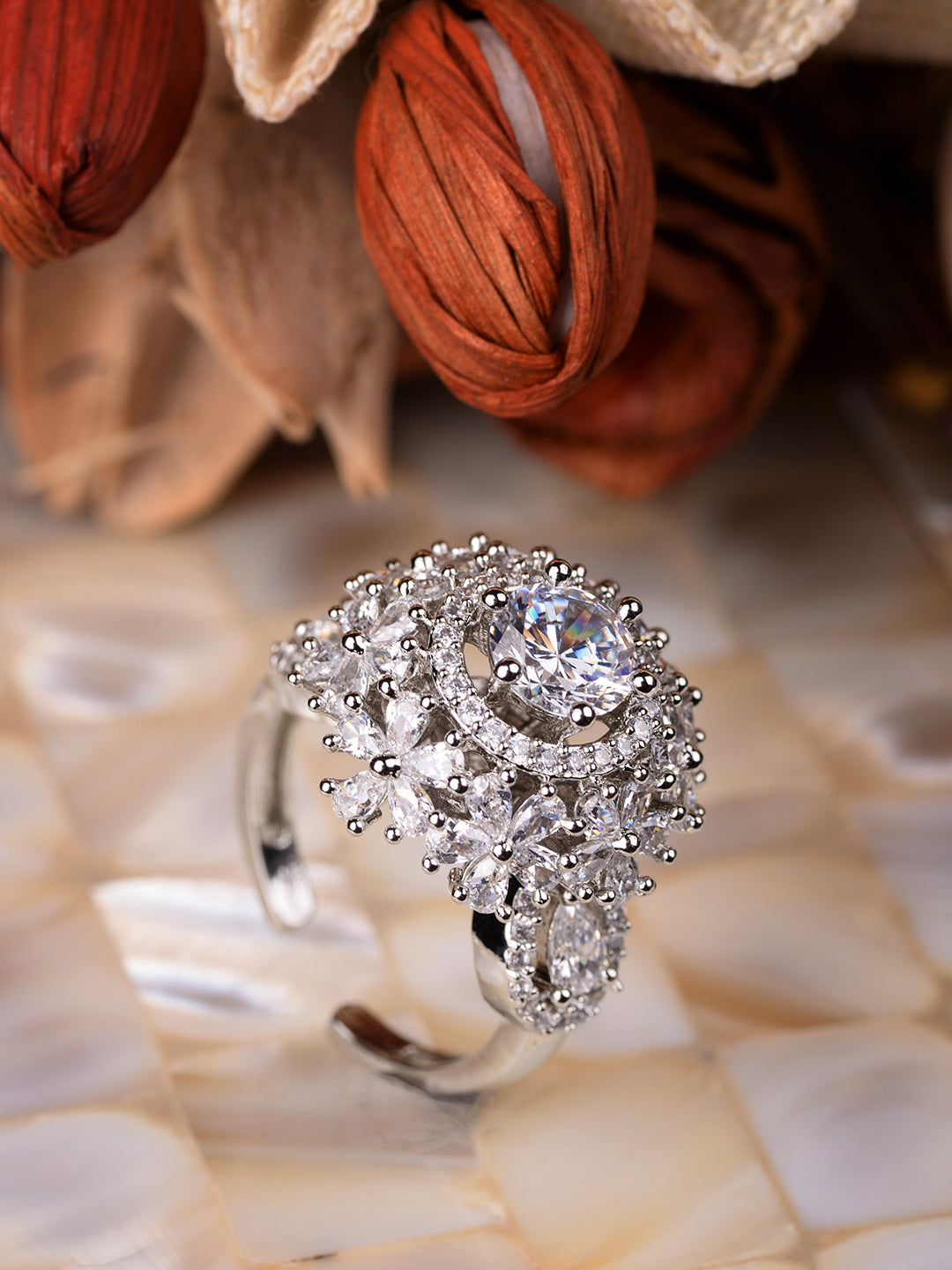 Silver Plated White AD Studded Cluster Finger Ring